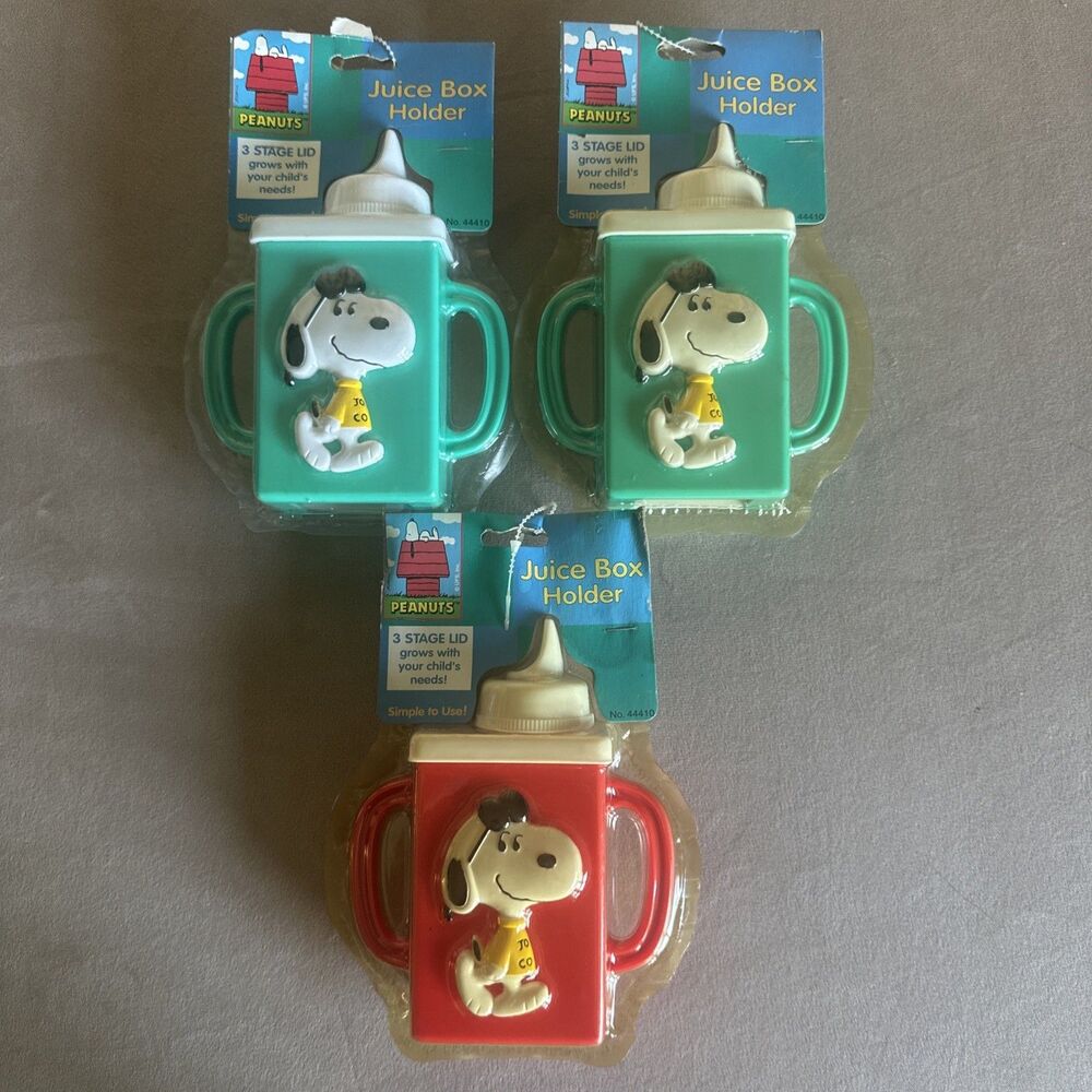 Lot Of 3 Vintage Snoopy Joe Cool Peanuts Juice Box Holders With 3 Stage Lid NOS